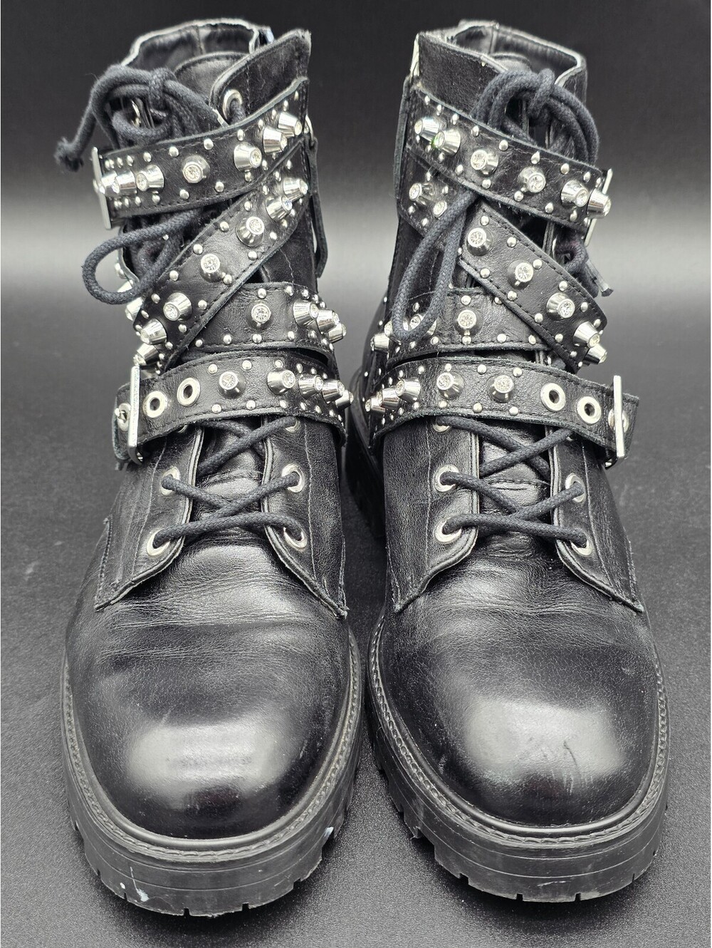 Zara Black Leather Studded Combat Boots Rhinestone Buckle EU 39 US 8